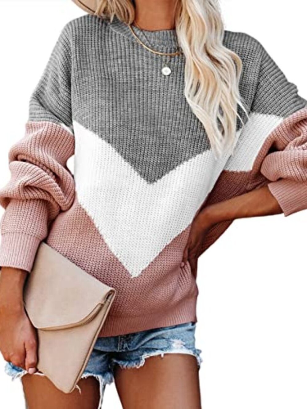 🆕 Womens Sweaters Crewneck Pullover Sweaters V Shaped Color Block Sweater Long